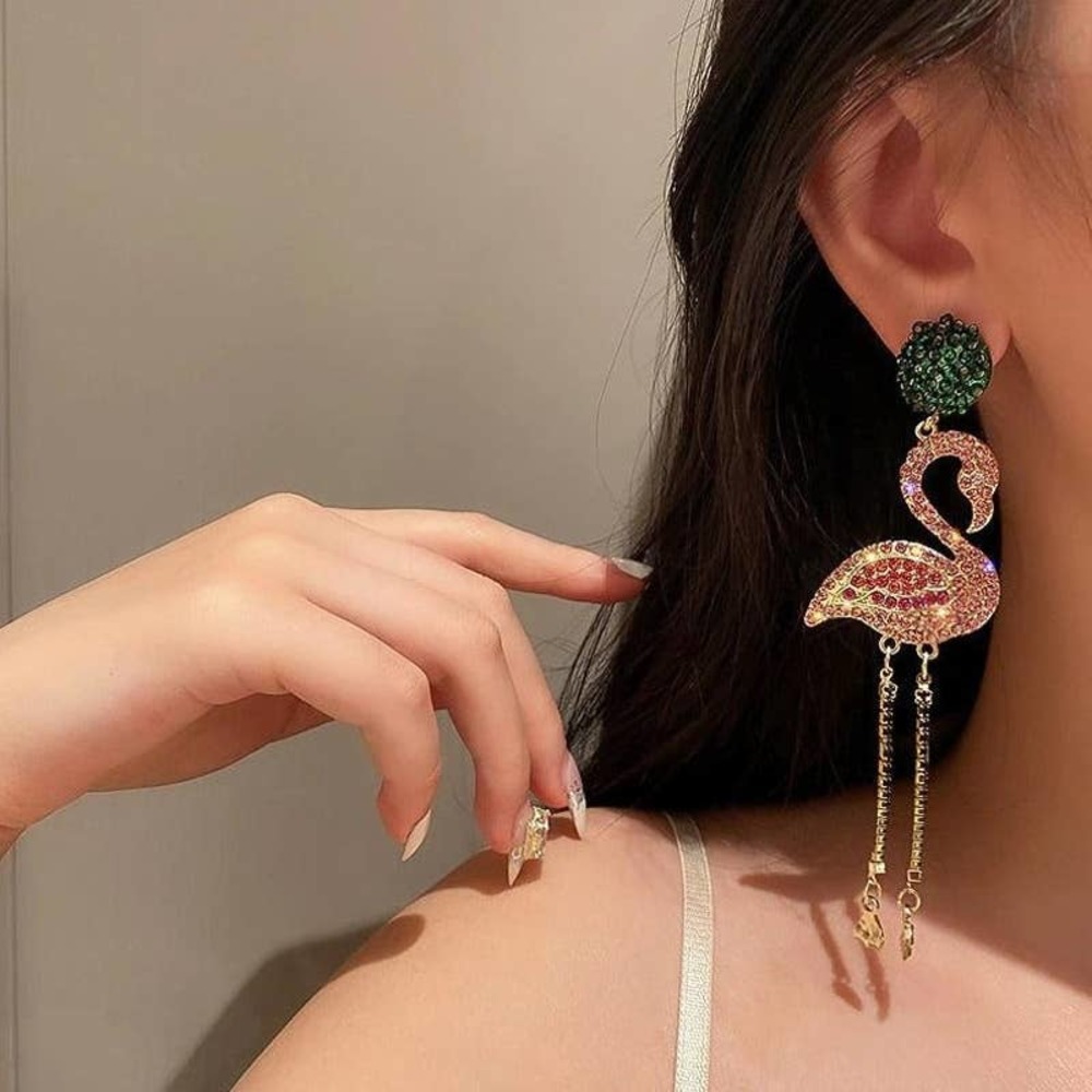Flamingo Rhinestone Statement Drop Stud Earrings
